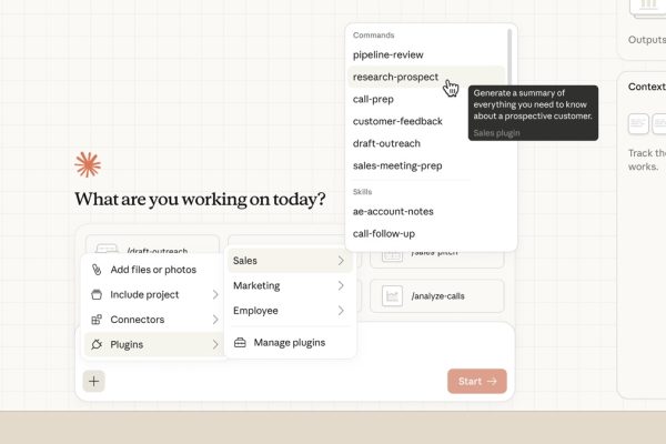 Claude Desktop app interface showing Chat, Cowork, and Code modes — Anthropic AI productivity tools comparison with plugins, connectors, and slash commands
