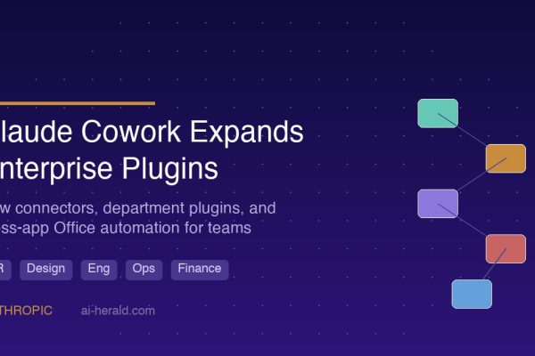 Claude Cowork enterprise plugins interface showing department-specific AI workflows for HR, engineering, design, operations, and finance teams with new connectors and admin controls