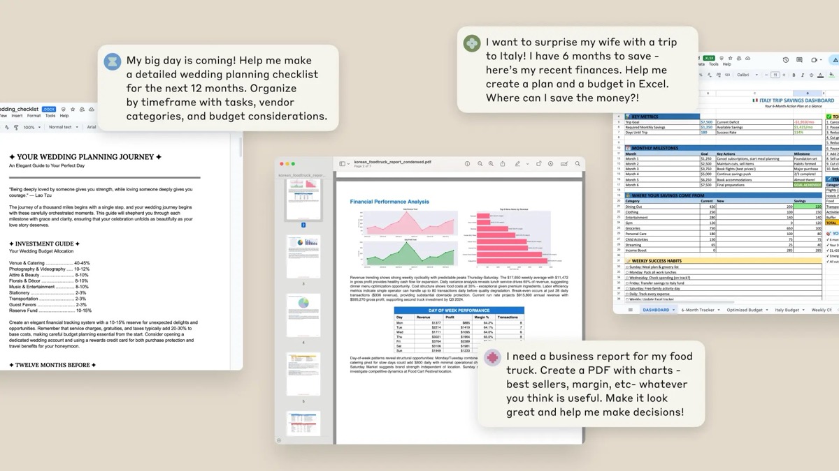 Claude AI free plan upgrade showing file creation capabilities - Word documents, Excel spreadsheets, PowerPoint presentations, and PDFs created directly from conversation